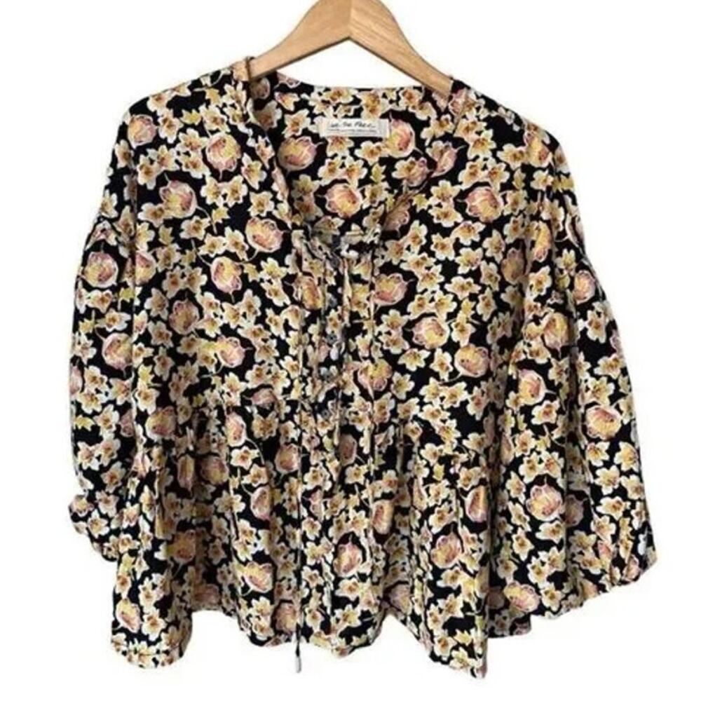 Free People Womens Linen Highlander Floral Peasant Top S Oversized Boho Cottage - Picture 2 of 3